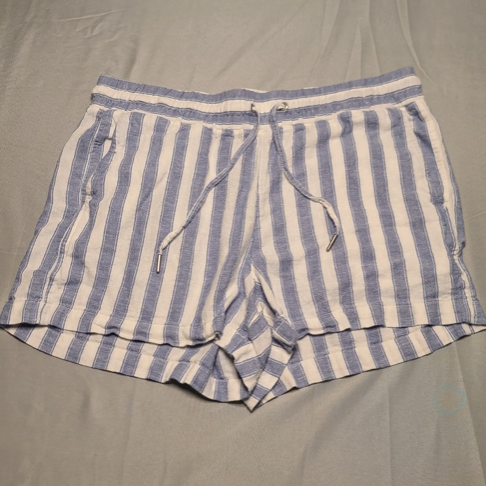 Gap Shorts Womens Medium Blue White Striped Linen Blend Drawstring Casual Beach